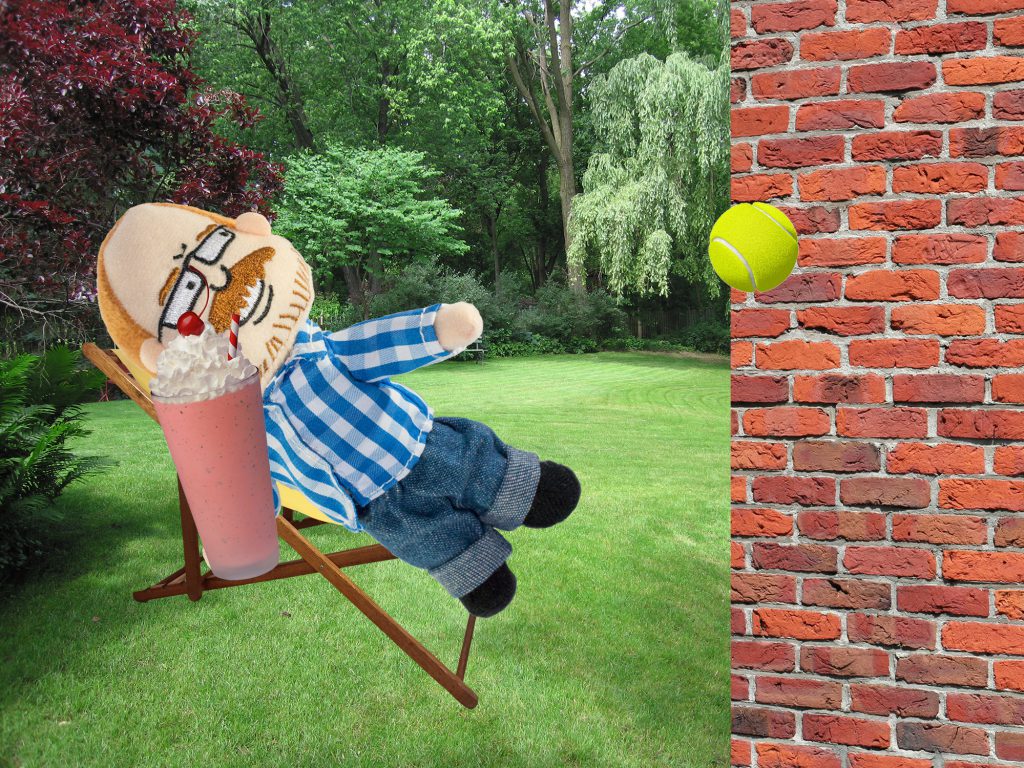 Johnny in Backyard with Milkshake Throwing Tennis Ball Brick Wall